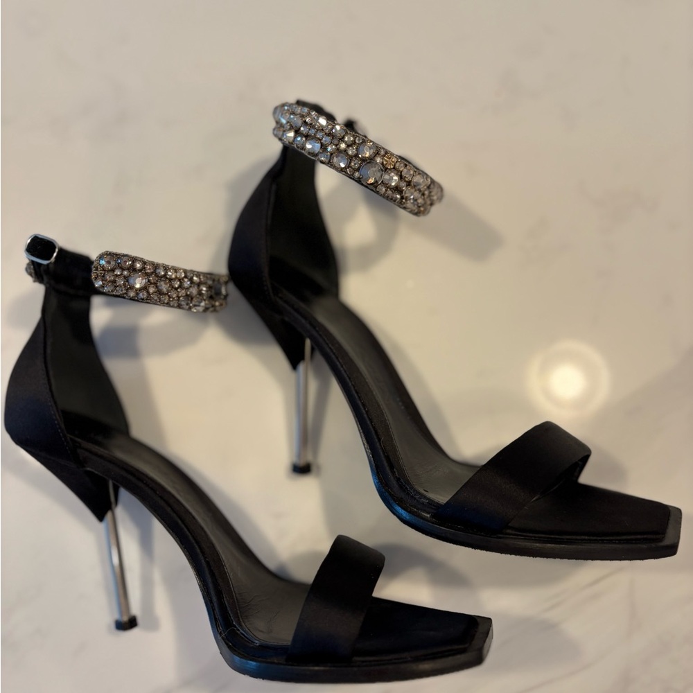 Alexander McQueen Black Stiletto Heels with Rhinestone Ankle Strap